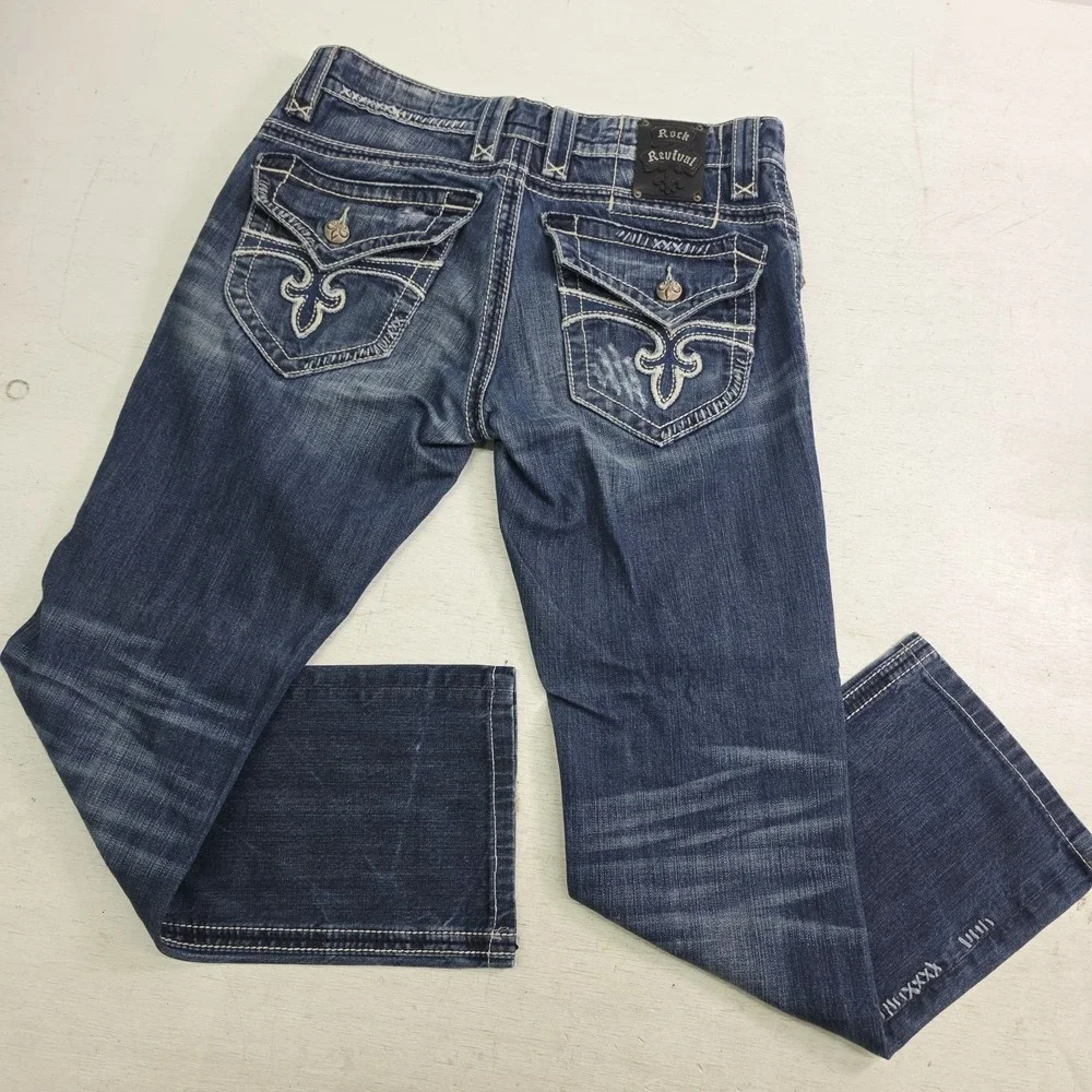 Rock Revival Paul Straight Jeans Men's 32x29 Distressed Dark Wash Thick Stitch